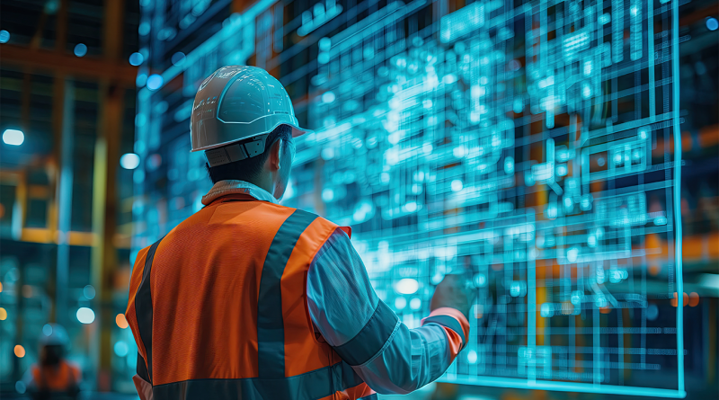 Digital image of a construction worker stood in front of an interactive wall showing blueprints of buildings to support construction AI playbook article