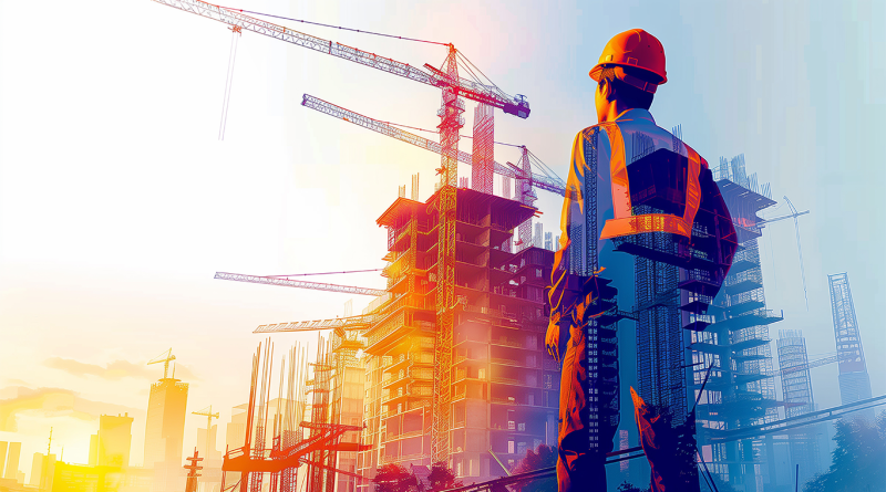 Digital image of a construction worker looking over a work site to support Construction engineering trends 2024 article