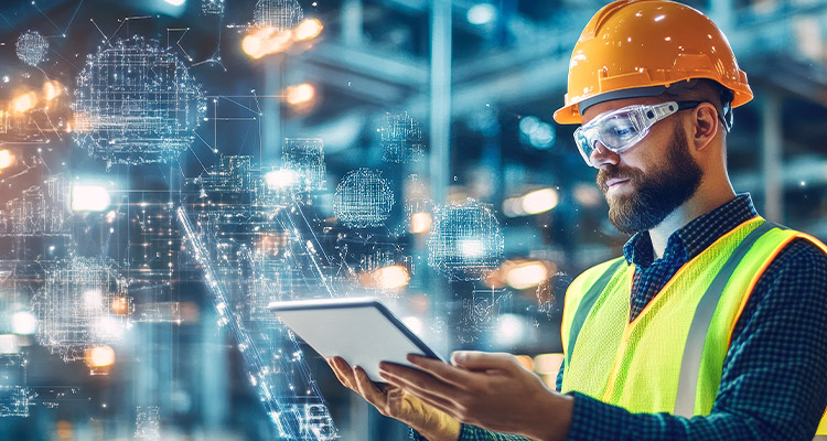 A construction worker in safety gear utilizes a tablet to enhance project efficiency, surrounded by digital overlays representing advanced technological processes driving the industry forward.