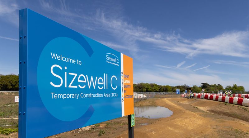 Sizewell C sign outside building site in Suffolk