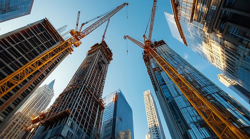 Upward view of multiple construction cranes and high-rise buildings under development in a modern city skyline, representing active building construction projects in the UK.
