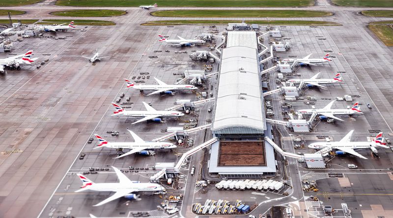 Aerial rendering of Grimshaw’s £49bn Heathrow Airport expansion proposal, showing new runway and terminal extensions