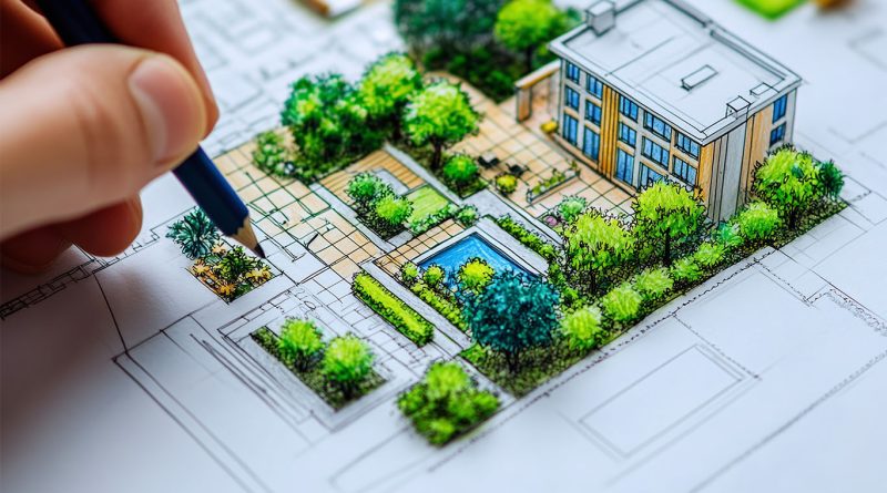 Architect's hand sketching a sustainable landscaping plan featuring green spaces, native plants, a water feature, and eco-friendly hardscaping around a modern building.