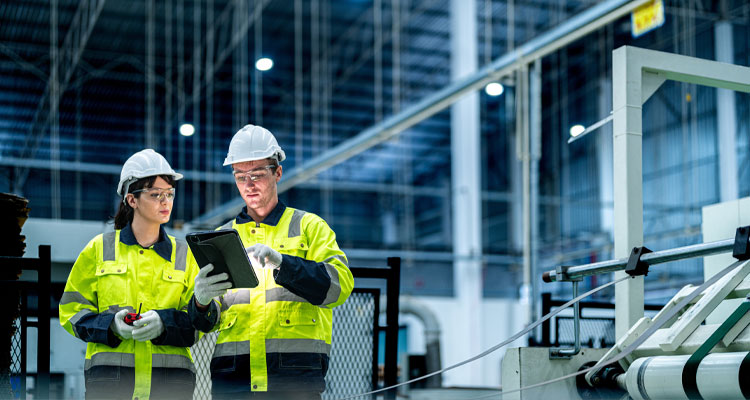 two industrial engineers, a man and a woman, wearing hard hats and high-visibility jackets inside a factory or industrial facility