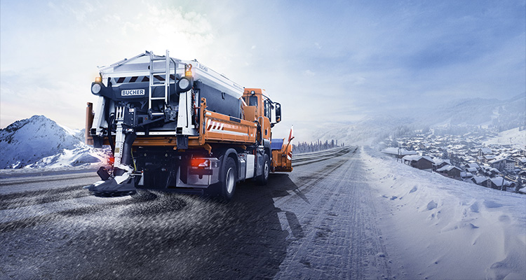 a Bucher Municipal spreader truck, which is used for winter road maintenance