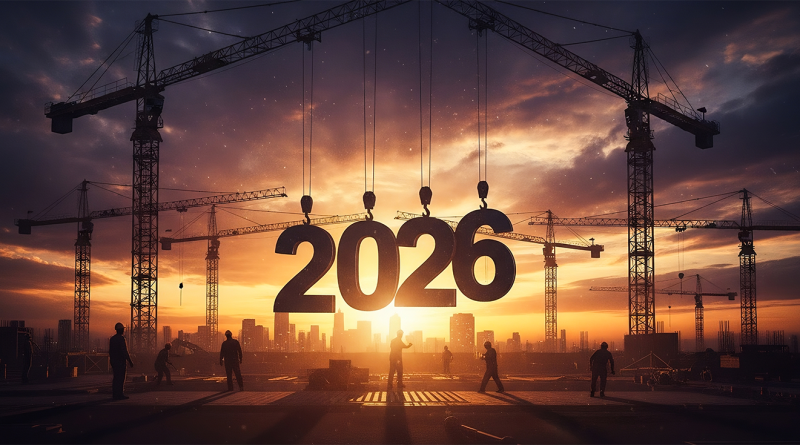 Construction cranes lifting large "2026" numbers against a sunset skyline, symbolising major construction projects and growth in 2026.