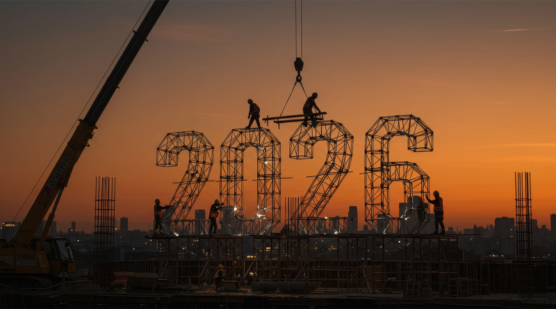 Construction workers assembling large steel-framed numbers forming "2026" on a building site at sunset, symbolising a transformative year for UK construction.