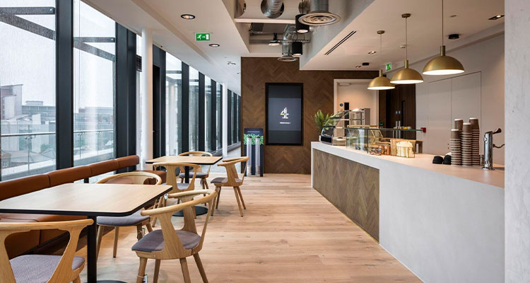 a modern, bright office cafe or kitchen area
