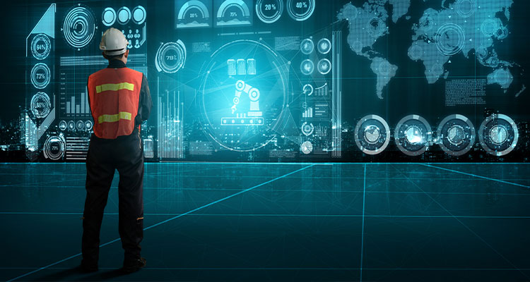 an engineer or worker, viewed from behind, wearing a safety vest and hard hat, observing a large, futuristic holographic display wall.